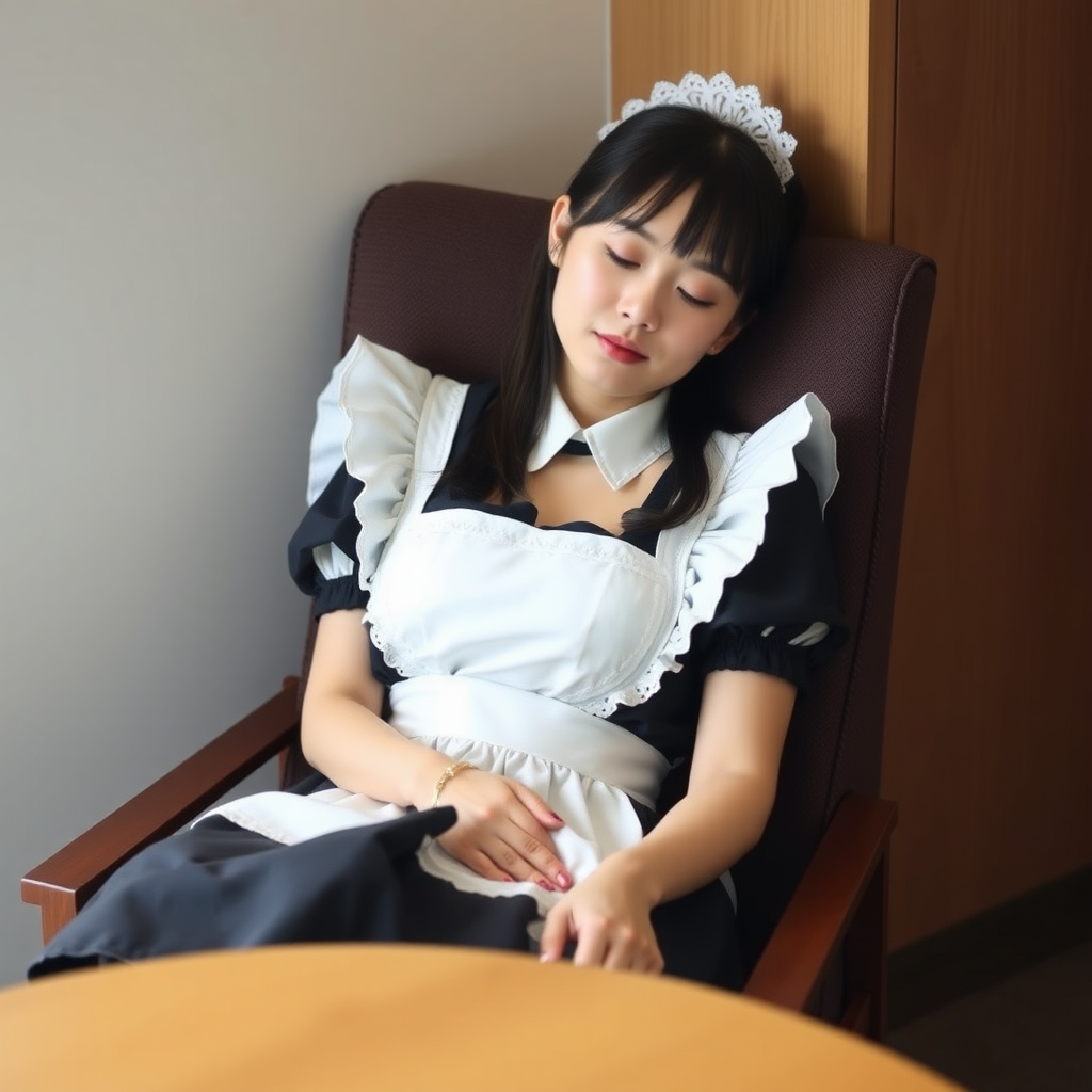 Photo of a beautiful young woman, Marina Hasegawa, wearing a maid outfit, dozing in a chair at an angle to the camera. A table is in the foreground.