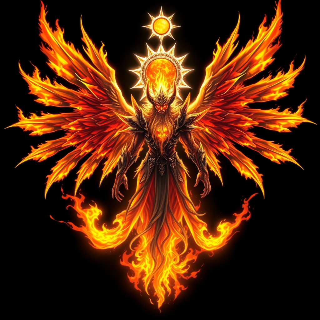 (High quality Anime styled art) Black background of a A Truly Colossal Supreme divine yet malevolent divine entity made of pure-solar golden-burning flame, white aura symbol around head, embodying both pure holiness and corruption, floats ominously in mid-air. Eight blazing, fiery wings radiate intense solar energy, while a shattered unique halo resembling the sun hovers above its head, body is made of pure-solar-burning flames, he is wearing black-death shoulder-plated armor, badass, 6 long arms, legs are replaced with black-tentacles, the being's long beard sways as its wrathful, ember-like eyes burn with intense fury, glowing in vivid shades of yellow and orange, exuding a powerful and foreboding energy.