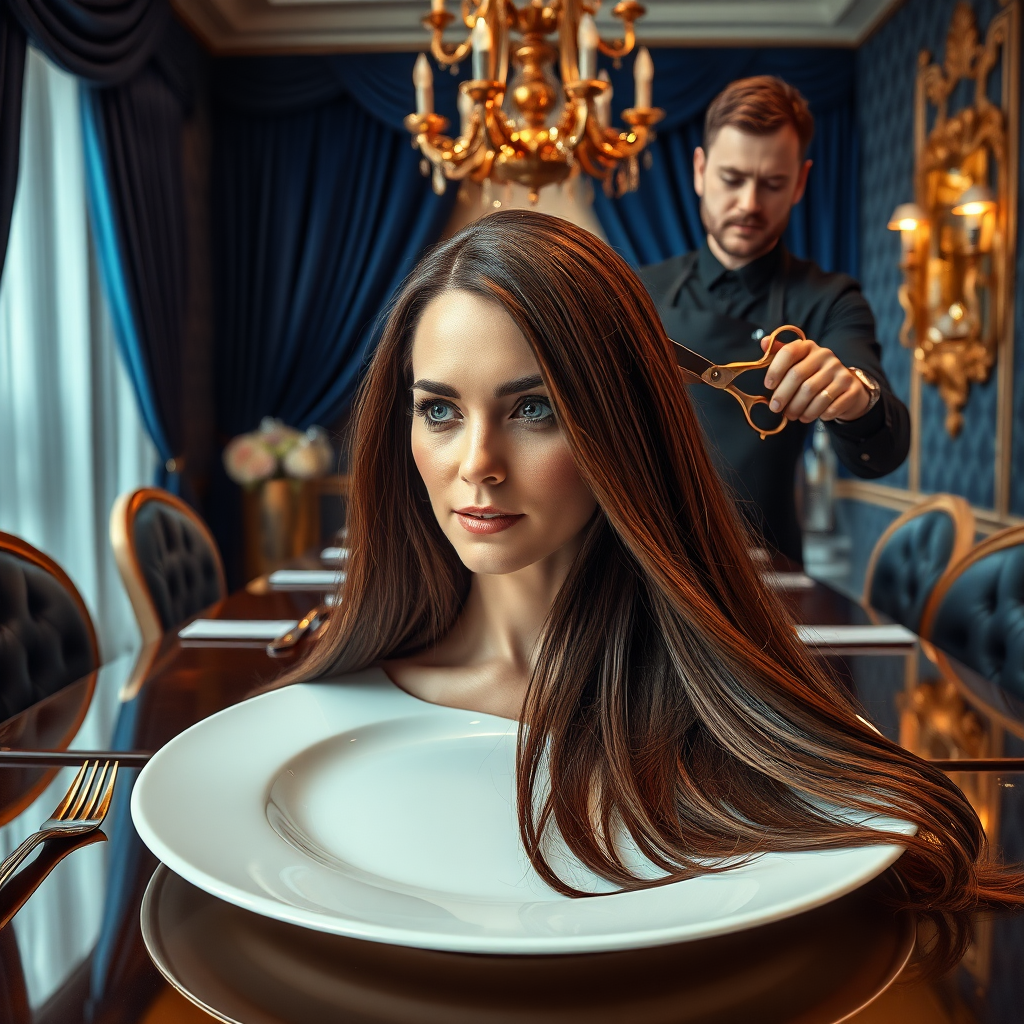 In a bizarre, surreal tableau, the polished surface of an elegant dining plate cradles the disembodied head of a strikingly beautiful Kate Middleton, her long, flowing hair cascading like a glossy waterfall of deep chestnut and honey highlights. The hair is luxuriously arranged, strands shimmering under the soft, ambient light that bathes the scene in an ethereal glow. Surrounding her head is an opulent, lavishly decorated dining room, rich with plush, velvet drapes in royal blue and golden accents that invoke a sense of grandeur.

A skilled hairdresser, clad in a sleek black apron, stands poised with a pair of gleaming scissors, carefully trimming the endlessly luxurious locks that frame Kate's serene, almost ethereal features. The air is thick with the scent of salon products mingling with delicate hints of floral fragrances, creating an unusual yet strangely inviting atmosphere. The hairdresser's focused expression reveals a meticulous dedication as snippets of hair fall gracefully onto the pristine plate, echoing a sense of both artistry and absurdity.

In the background, an ornate chandelier glimmers overhead, casting intricate shadow patterns on the richly textured walls, enhancing the surreal elegance of the scene. The overall emotional tone conveys a dreamlike quality, inviting viewers to ponder the juxtaposition of beauty, identity, and the bizarre circumstances that bind them in this extraordinary moment.