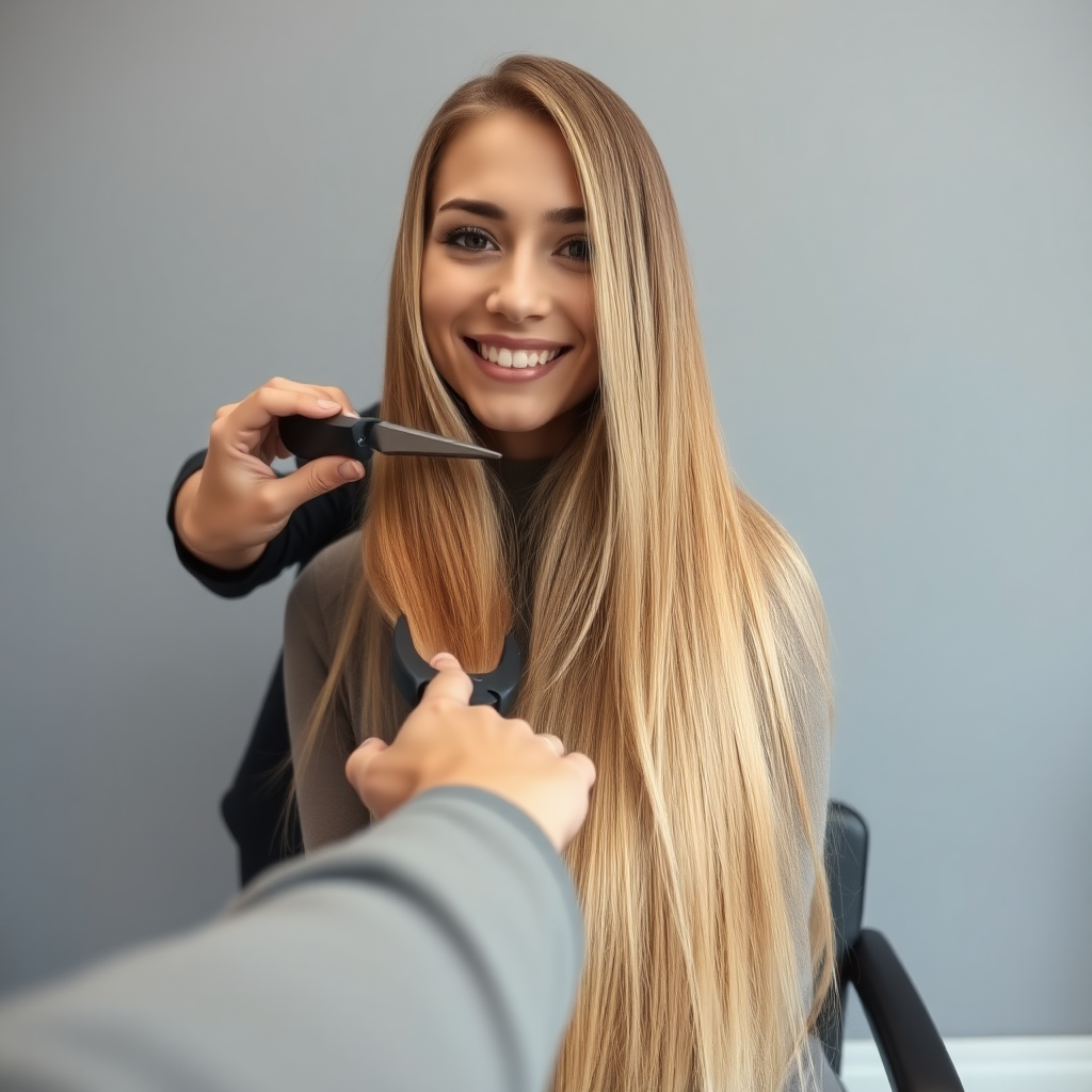 POV, beautiful very long haired blonde woman sitting in a hair salon smiling at the camera while I reach out from behind the camera to trim her very long hair. Plain gray background.