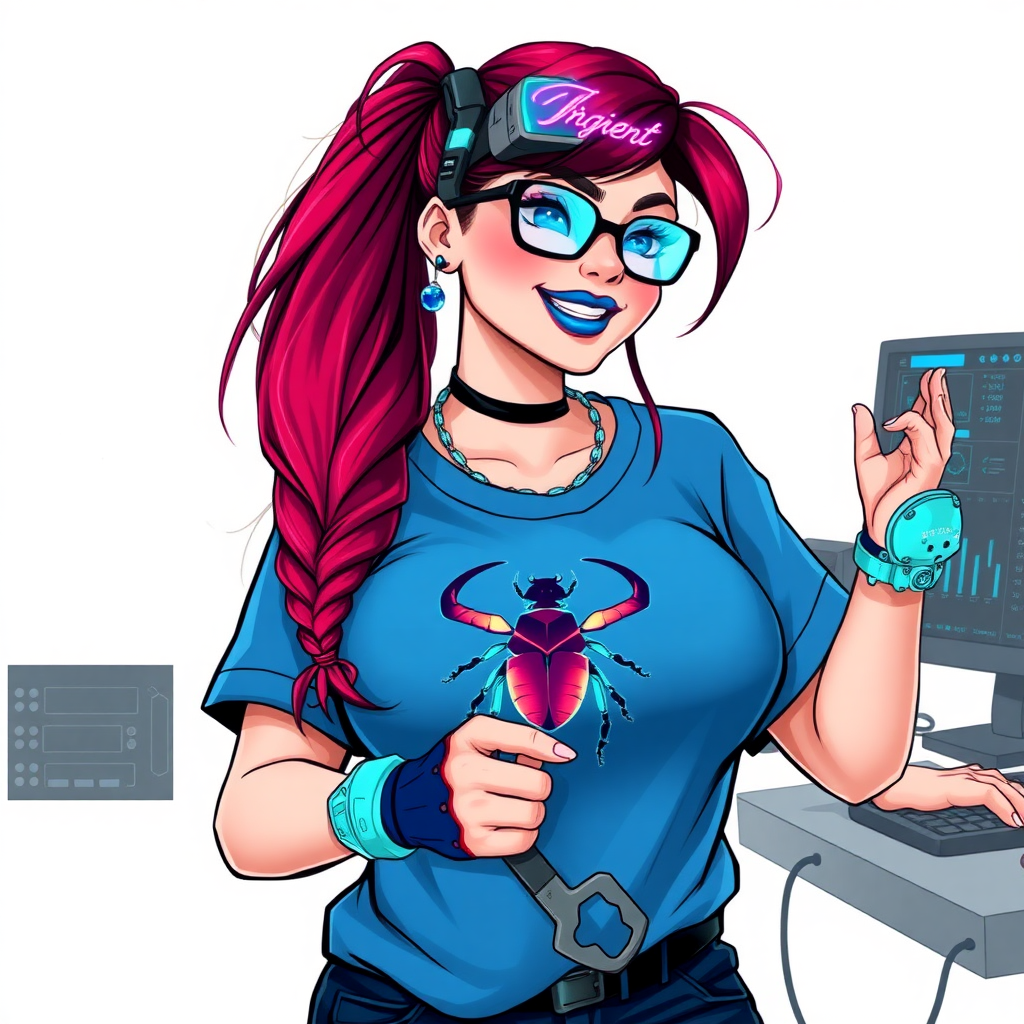 A cyberpunk vigilante’s full-figured intelligent and tech-savvy 29-year-old girlfriend, who is a computer hacker and tech genius. She has a long ruby red ponytail streaked with sky blue. She wears maximum blue lipstick, blue eyes, a sapphire beetle gemstone necklace, sapphire earrings, black eyeglasses, futuristic holographic computer bracelets, and an oversized maximum blue t-shirt featuring a neon blue glowing beetle chest icon. She has a full-figured physique with a prominent, round, gargantuan midsection, reflecting her well-cared-for lifestyle. She sports a sapphire headset with a hi-tech maximum turquoise lensed HUD, and a blissful smile with a neon red blush. She serves as his tech expert from his hideout, diligently working at her lab table and computer desk. She holds a futuristic wrench. The background is solid white. She is drawn as if she was in a retro 2D cyberpunk fighting game.