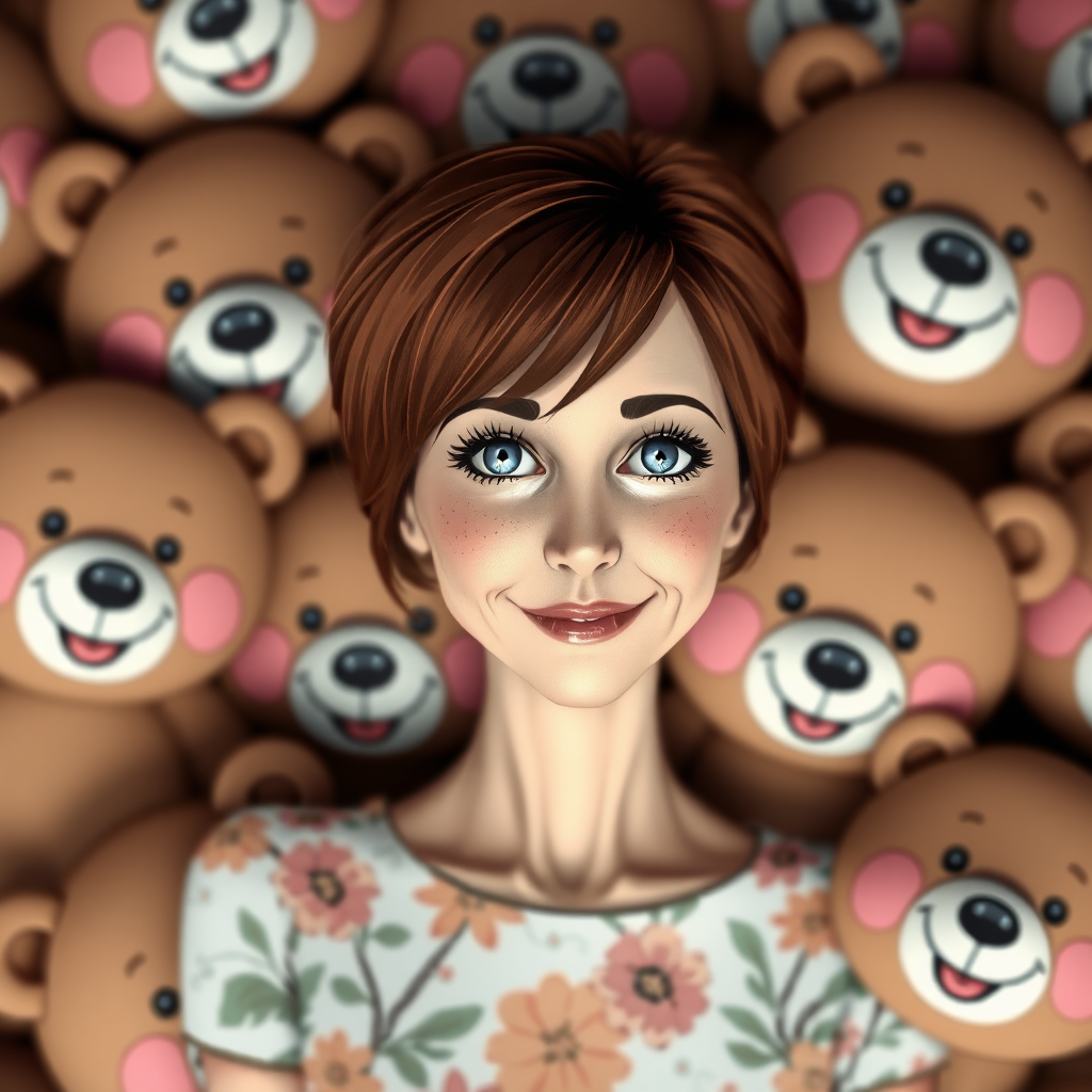 middle-aged woman, brown hair, blue eyes, slim, small, wearing a flower-pattern dress, surrounded by happy bears.