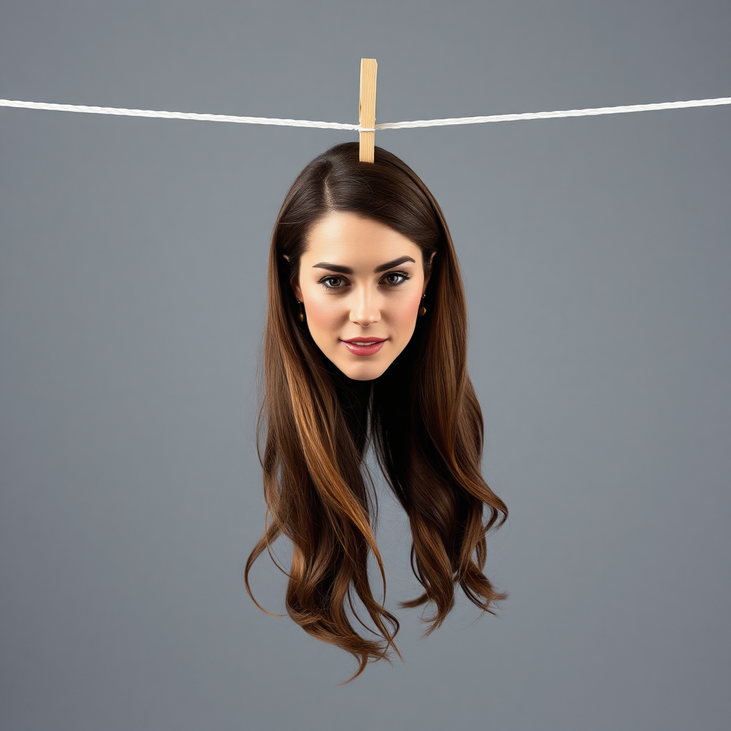 A surreal image of the beautiful very long haired Kate Middleton's disembodied head hanging by her long hair from a clothesline.  Plain gray background.