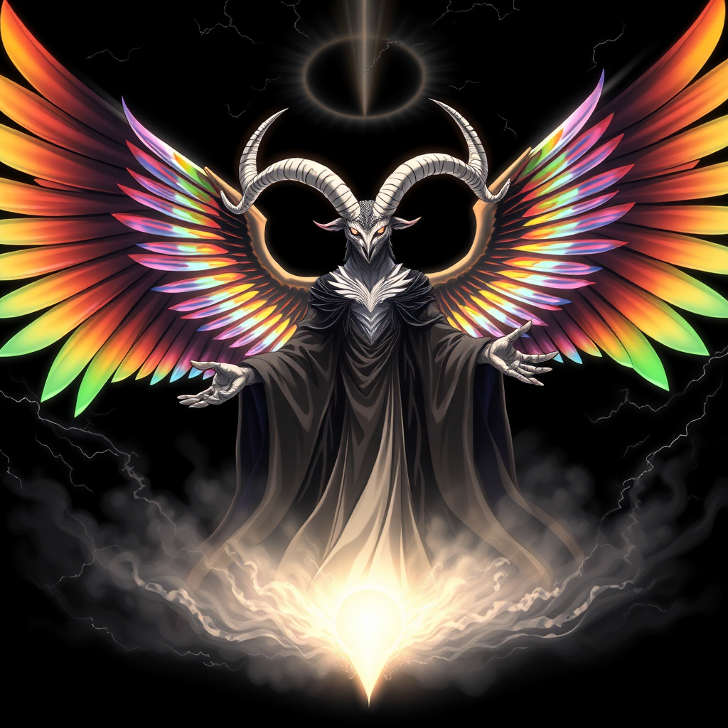 (Anime Styled Art) set against a deep, void-like black backdrop, a towering and eerie figure looms—a godlike being known as Yaldabaoth the Demiurge, radiating a blend of malevolence and divine majesty. This humanoid entity resembles a terrifying fusion of angelic and bestial forms, with a reptilian, goat-owl-bull visage that commands awe and fear. Its piercing black-and-white eyes shimmer with a haunting ethereal glow, while two majestic, spiraling white goat horns elegantly curve from its head. The entire face is concealed in a radiant, blinding light, leaving only the unsettling power of its presence.

Draped in flowing robes of black and white that seem to ripple like swirling smoke, the figure exudes an overwhelming aura of mystique, power, and chaos. Surrounding Yaldabaoth is a radiant aura, an ever-shifting spectacle of rainbow colors that crackles like energy through the void, enhancing its divine yet ominous form.

From its back extend three enormous angelic wings, each feather a brilliant array of rainbow hues that shimmer with an otherworldly radiance. The wings unfurl gracefully, their vibrant colors creating a stark contrast to the dark emptiness that surrounds the scene. With hands outstretched in a gesture that seems to invite communion yet threaten domination, the figure floats with an effortless grace, suspended in the darkness of the cosmos. Its intense, unyielding gaze locks onto the viewer, radiating an otherworldly wrath and mesmerizing power that both draws in and repels, as if inviting one to behold its divine, fearsome majesty.