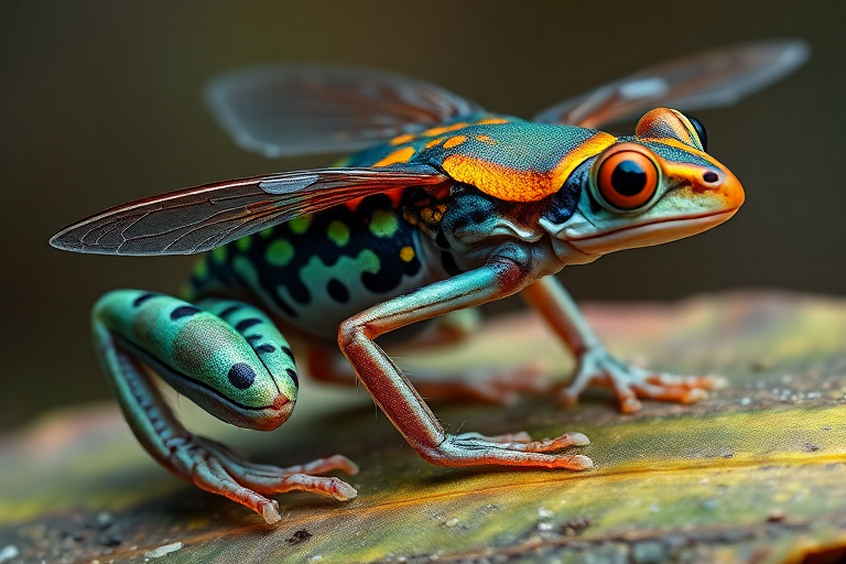 Generate a full-length, highly detailed image of a frog with its body structure seamlessly transformed into that of a horsefly. Ensure that the anatomical precision is maintained, showcasing the unique features of both creatures in harmony. The frog's vibrant colors and patterns should blend with the iridescent wings and facets of the horsefly. The background should reflect a natural habitat, adding depth and context to the composition. Render the scene in the style of award-winning wildlife photography, highlighting the textures and intricate details of this intriguing hybrid creature. Capture the essence of both animals in a visually striking way.