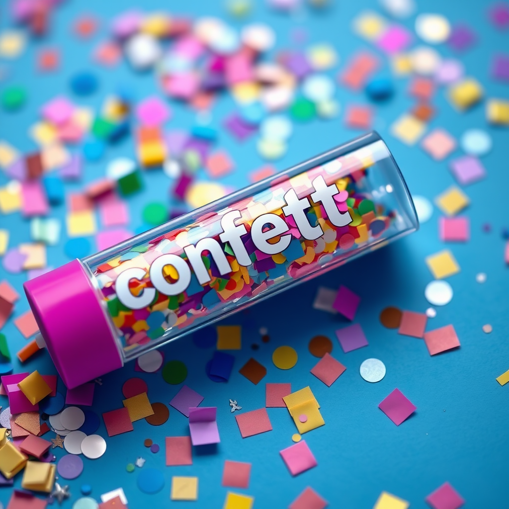 colorful confetti popper tube with text "confetti" on it