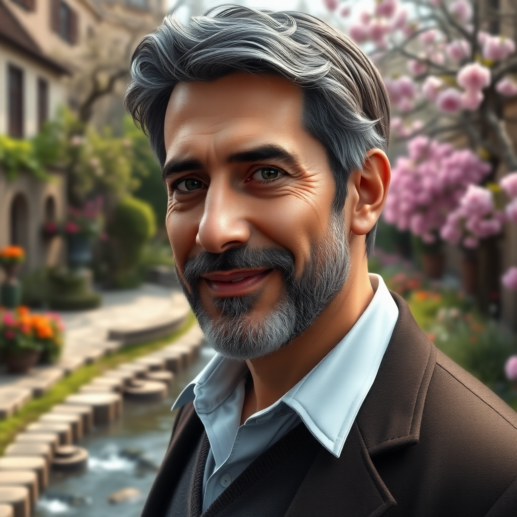 **Title:**
**Dignified Strength: A Hyper-Realistic Portrait of an Iranian Gentleman**

**Artistic Vision:**
Create an emotionally resonant and visually stunning hyper-realistic portrait that captures the essence of a dignified 50-year-old Iranian gentleman. The artwork should convey his strength, approachability, and inner peace, set against a serene historic European garden in full spring bloom. Utilize advanced digital rendering techniques to enhance depth, realism, and emotional impact, ensuring every detail contributes to a harmonious and immersive experience.

**Portrait Description:**

**Physical Characteristics:**
- **Body Type:** Robust and slightly rounded, exuding both strength and approachability with a well-balanced physique.
- **Height & Weight:** Stands tall at 180 cm with a solid weight of approximately 105 kg, presenting a commanding yet friendly presence.
- **Proportions & Muscle Mass:** Well-balanced shoulder-to-waist ratio of 1.3, highlighting broad shoulders and a sturdy frame. Well-developed muscles accentuate his athletic and robust build, showcasing vitality.
- **Posture:** Confident and relaxed, with shoulders back and head held high, emanating self-assurance and ease.

**Facial Characteristics:**
- **Appearance:** Clean-shaven face emphasizing refined features, flawless and radiant skin conveying youthfulness and vitality.
- **Bone Structure:** Coarse and athletic, providing a strong masculine framework.
- **Expression:** Warm, genuine smile reflecting kindness, compassion, and inner peace.
- **Eyes:** Bright, expressive deep green eyes that sparkle with warmth and inner light.

**Hair:**
- **Color & Texture:** Dark brown with subtle graying at the temples, exhibiting a natural, rich texture that appears soft and lustrous.
- **Style & Density:** Neatly styled, thick and full hair with no signs of thinning, framing his face with a healthy and vibrant appearance.

**Background:**
A picturesque historic European garden in full spring bloom, featuring vibrant flowers, lush greenery, ornate stone pathways, and a gently flowing stream, enhancing the portrait's tranquility and timelessness.

**Symbolism and Metaphors:**
Incorporate subtle gestures or motifs, such as the gentle flow of the stream symbolizing his inner peace and the blooming flowers representing growth and vitality, adding depth and meaning to the artwork.

**Lighting and Shading:**
Employ a tranquil chiaroscuro effect with a delicate interplay of light and shadow to create realistic depth and volume. Utilize natural colors and subtle shading to enhance luminosity and atmospheric perspective, immersing the viewer in the scene.

**Techniques:**
- **Digital Rendering:** Utilize Corel Painter, ZBrush, and Adobe Photoshop to achieve remarkable 3D volume, exquisite shading, and ultra-fine detailing.
- **Textural Elements:** Incorporate high-quality pigments, metallic flakes, and glass beads to ensure vibrant textures under raking light.
- **Layering:** Apply layer glazes, metallic flakes, and glass beads to add unparalleled dimensionality and luminous shadows.
- **Detailing:** Add a hyper-realistic pencil sketch texture for intricate facial and bodily details.

**Technical and Artistic Specifications:**

- **Resolution & Display:** Render in stunning 64K UHD resolution with a broad color spectrum, ideal for high-profile platforms like ArtStation and Behance.
- **Lighting & Depth:** Implement a tranquil chiaroscuro effect with soft, delicate colors and nuanced shades of grey, black, and white to enhance depth and clarity.
- **Rendering Quality:** Use advanced rendering techniques and 3D volumetric effects for unparalleled detail and sharpness.
- **Composition & Focus:** Emphasize gentle, lifelike depth and striking details with a cinematic close-up approach. Utilize a balanced f/11 aperture and raw photographic style with advanced v6 enhancements to render vivid colors and minute details at an unparalleled level of realism.
- **Overall Harmony:** Achieve maximum harmony across all elements, resulting in a balanced and cohesive composition that captivates both technically and emotionally.

**Final Touches:**
The artwork will be rendered in Hyper-realistic 8K resolution with a vast color gamut, providing an immersive experience that indulges all senses. Every element will feature hyper-realistic precision, contributing to a visually stunning and emotionally compelling masterpiece that exudes harmony and tranquility.