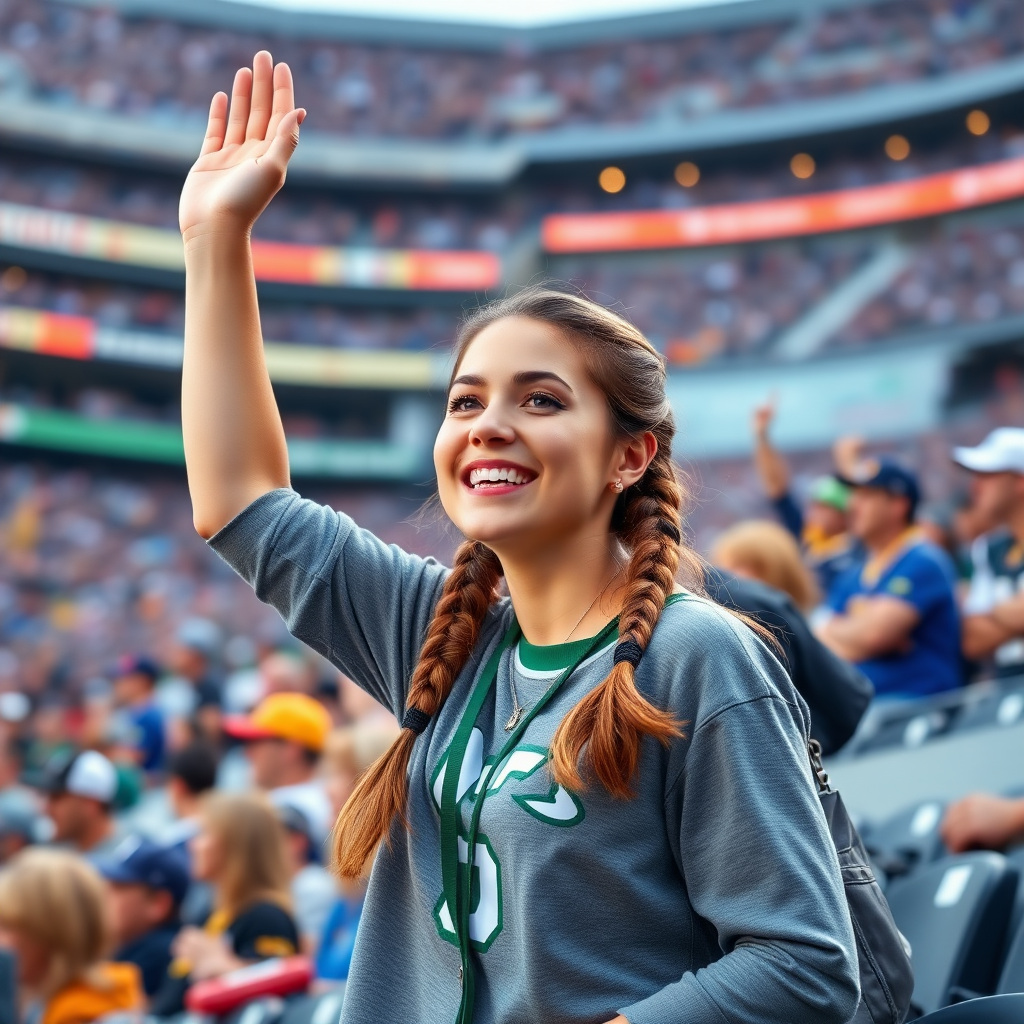 Attractive female NFL fan is cheering, pigtail hair, stadium bleacher row, crowded