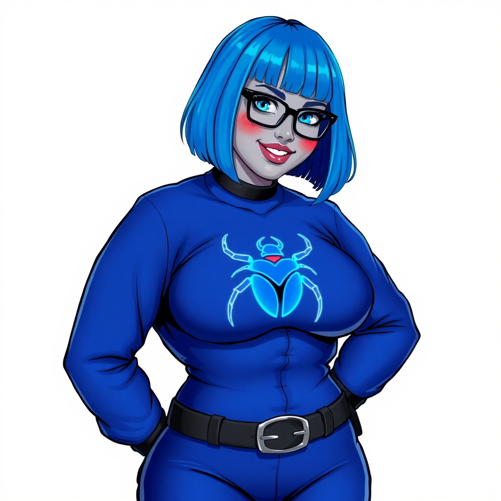 A 28-year-old, full-figured, middle gray metallic-skinned computer program-human hybrid with a maximum blue bob cut. She has a non-athletic build, highlighted by a prominent, round midsection. As a digital sidekick, computer hacker, and nerdy girlfriend to her cyberpunk vigilante boyfriend, her middle gray metallic skin and maximum blue lipstick emphasize her digital nature. She wears an oversized, loose-fitting, maximum blue bodysuit with a neon blue beetle chest icon, a black belt with a sapphire scarab buckle, and black gloves. Her bright blue eyes, black eyeglasses, and lovestruck smile with neon red blush accentuate her nerdiness. She stands bashfully with her hands behind her back, her bodysuit covering all her skin. Her physique is on full display. She is on a solid white background. She is drawn as if she was in a retro 2D cyberpunk fighting game.