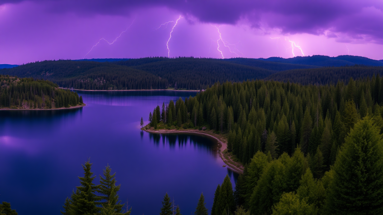 photo, lakes, nature, purple sky, lightning