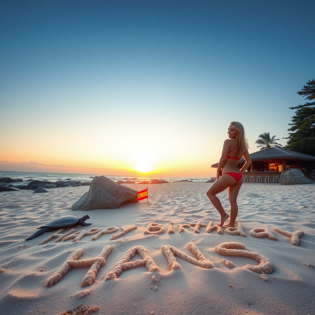 Beach with rocks, pines and bar. Sunset. Sand spelling the words " Happy Birthday Hans " Turtle in sand, Spanish flag. Blonde beauty in red bikini