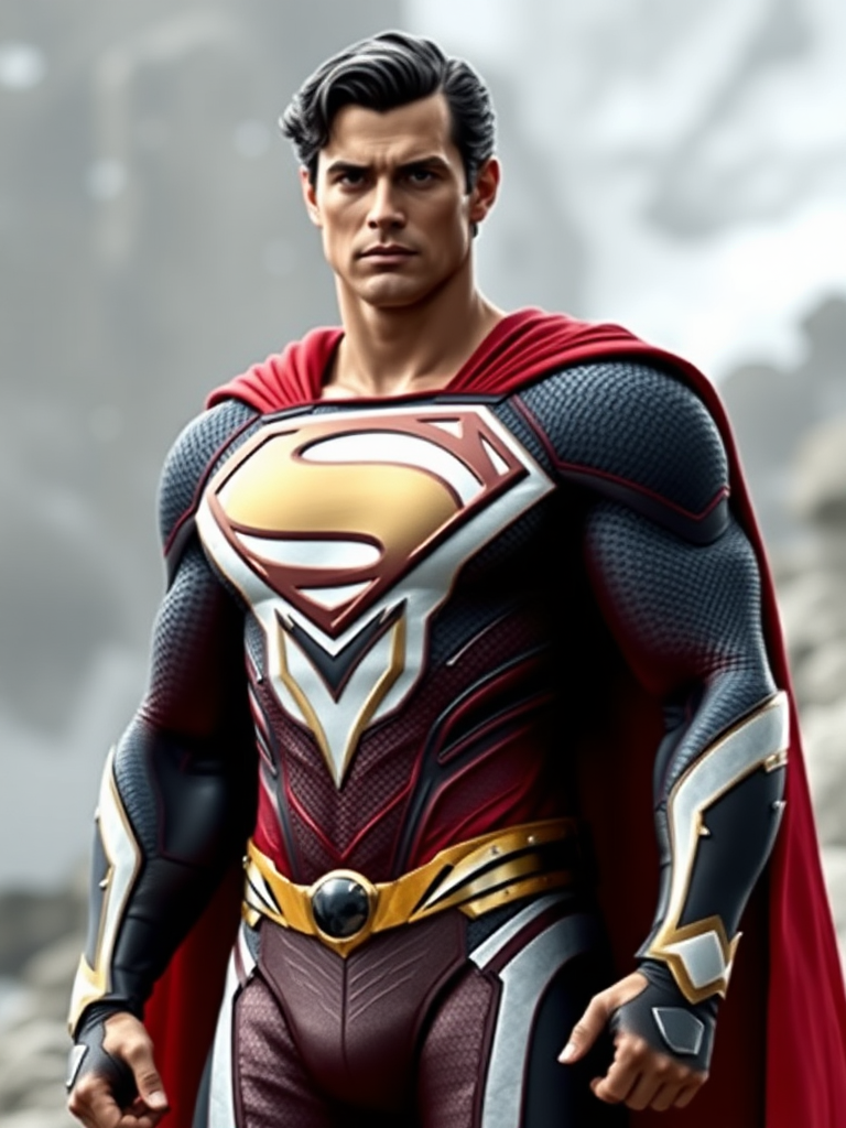 Generate a full-length image of a character with the following specifications: Superman with the body attributes of Emma Frost. Modify the body's shape to match Emma Frost's physique. Retain Superman's core costume but incorporate embellishments and elements from Emma Frost's attire. Place the character in a background that is appropriate for both Superman and Emma Frost.