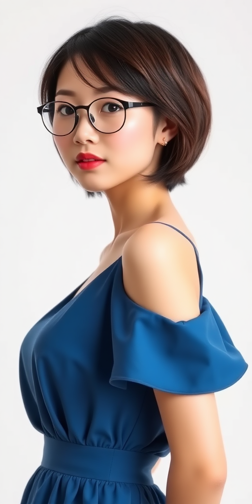 A beautiful Chinese girl, short hair, wearing glasses, with a full figure, small breasts, in a blue dress.