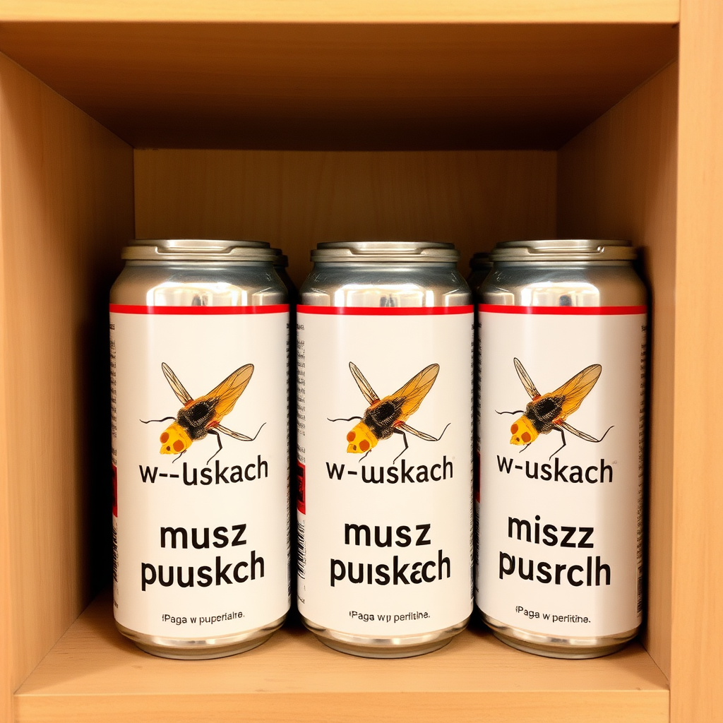 a small shelf with cans that have an image of home fly on the label and text saying "musz w puszkach", the text should say "musz w puszkach" with no errors