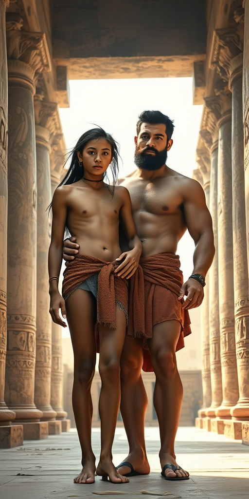 photorealistic, ultra high resolution, 16K. Ancient Babylonians. A skinny 14-years-old teen boy, very long hairs, long legs, bare thighs. With a giant strong muscular slightly bearded young adult man. The man is holding the boy. In ancient temple. Full length view.