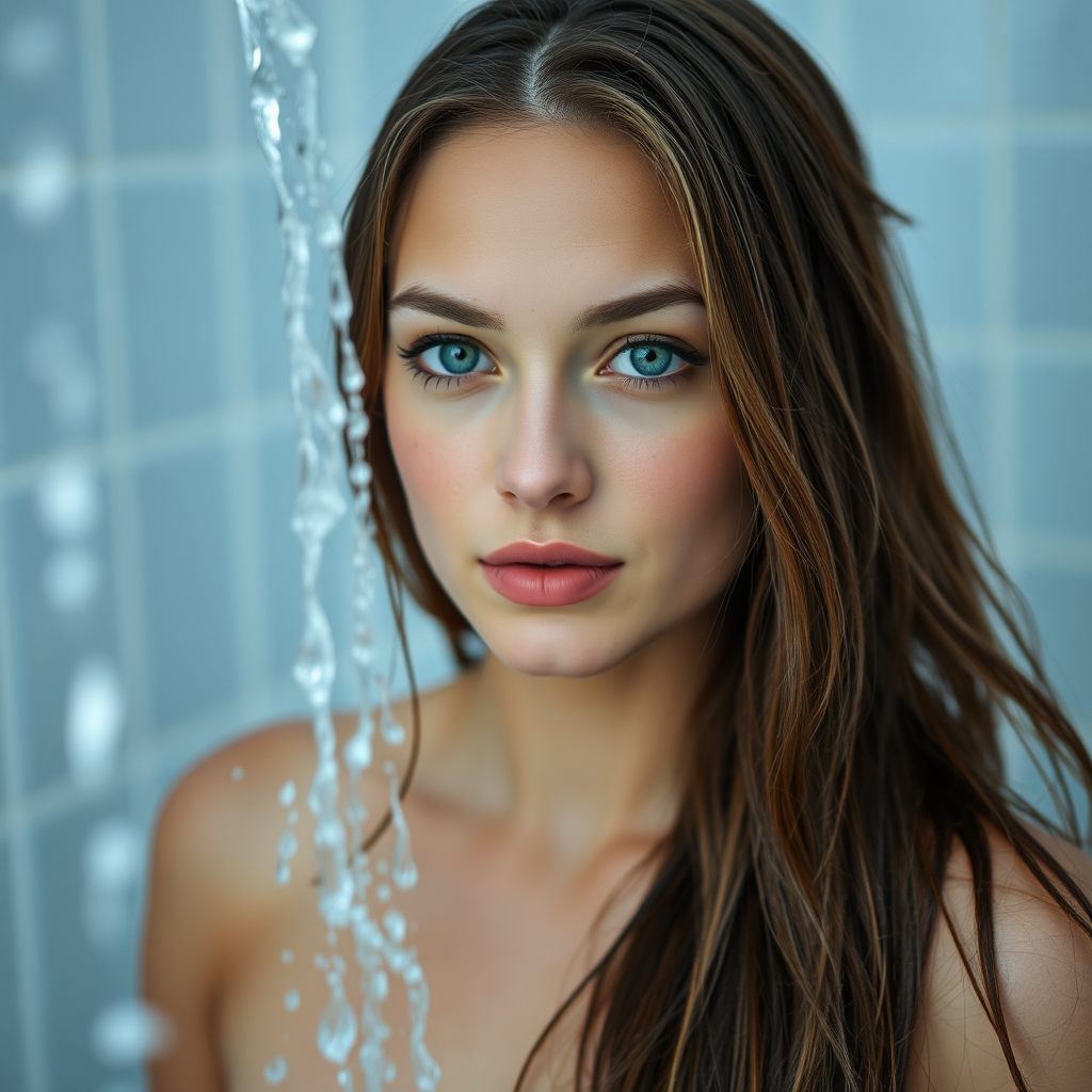 a young woman in the shower. water pours out on her. Her long brunette hair is wet. pale green eyes. view from outside the shower. photo