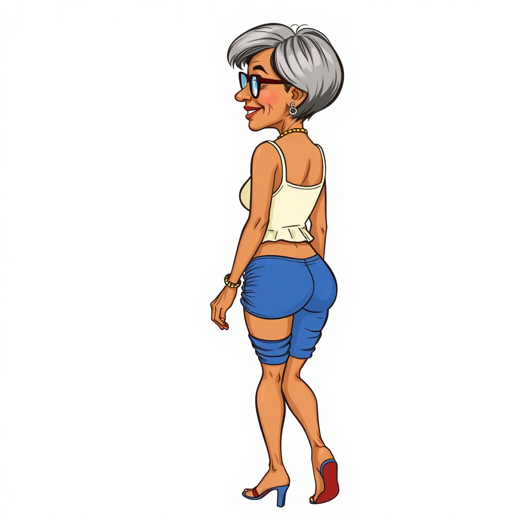 55 Years old, European, Latina, sharp aquiline nose, wrinkles, high cheekbones, Middle Eastern, Skinny, Tanned skin, Dark light skin, Rounded Medium breasts, Skinny thighs, round ass, full Makeup, jewelry, Serious face, Sharp nose, blushing, Ash hair, short bowl haircut, Brown eye color, Glasses, with detailed features. swaying hips, smiling, She is walking away, back side view, she is looking over her shoulder, she is wearing a cream tight tank top and tight blue ruched shorts, visible panty line, detailed fabric. full body, high heels sandals, long establishing shot, 2D, caricature, cartoon, Sketch lines, coloring book, coloring book style on white background, well composed, clean coloring book page, No dither, no gradient, strong outline, No fill, No solids, vector illustration, movement lines. realistic proportions