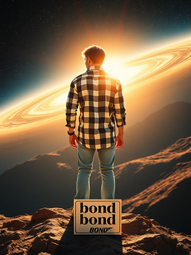 Full-body photo, view from behind, a SCI-FI film poster, 1970 style poster, the blonde young man in plaid shirt (white and black) stands with his feet on the pack of cigarettes (with name "bond") that flies straight to the sun, universe, 4k, HDR