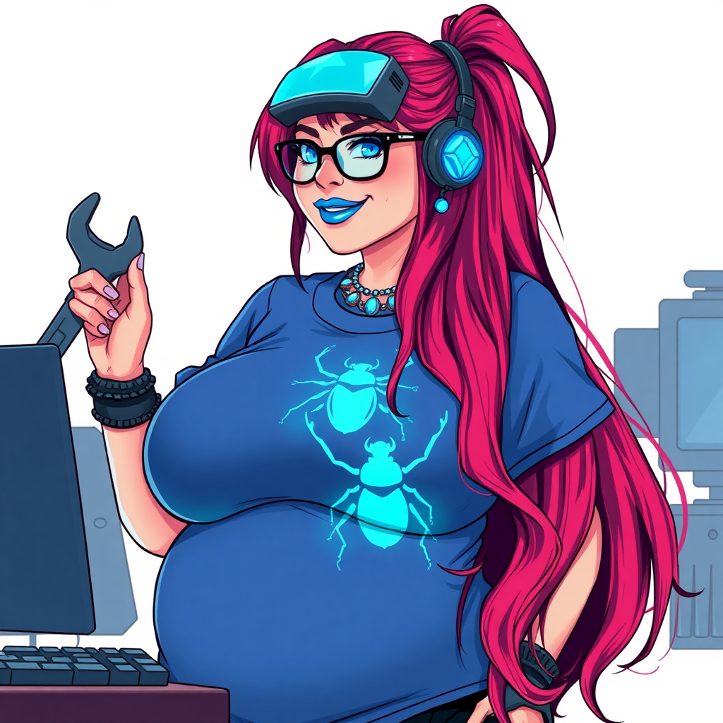 A cyberpunk vigilante’s full-figured intelligent and tech-savvy 29-year-old girlfriend, who is a computer hacker and tech genius. She has a long ruby red ponytail streaked with sky blue. She wears maximum blue lipstick, blue eyes, a sapphire beetle gemstone necklace, sapphire earrings, black eyeglasses, futuristic holographic computer bracelets, and an oversized maximum blue t-shirt featuring a neon blue glowing beetle chest emblem. She has a full-figured physique with a prominent, round, gargantuan midsection, reflecting her well-cared-for lifestyle. She sports a sapphire headset with a hi-tech maximum turquoise lensed HUD, and a blissful smile with a neon red blush. She serves as his tech expert from his hideout, diligently working at her lab table and computer desk. She holds a futuristic wrench. The background is solid white. She is drawn as if she was in a retro 2D cyberpunk fighting game.