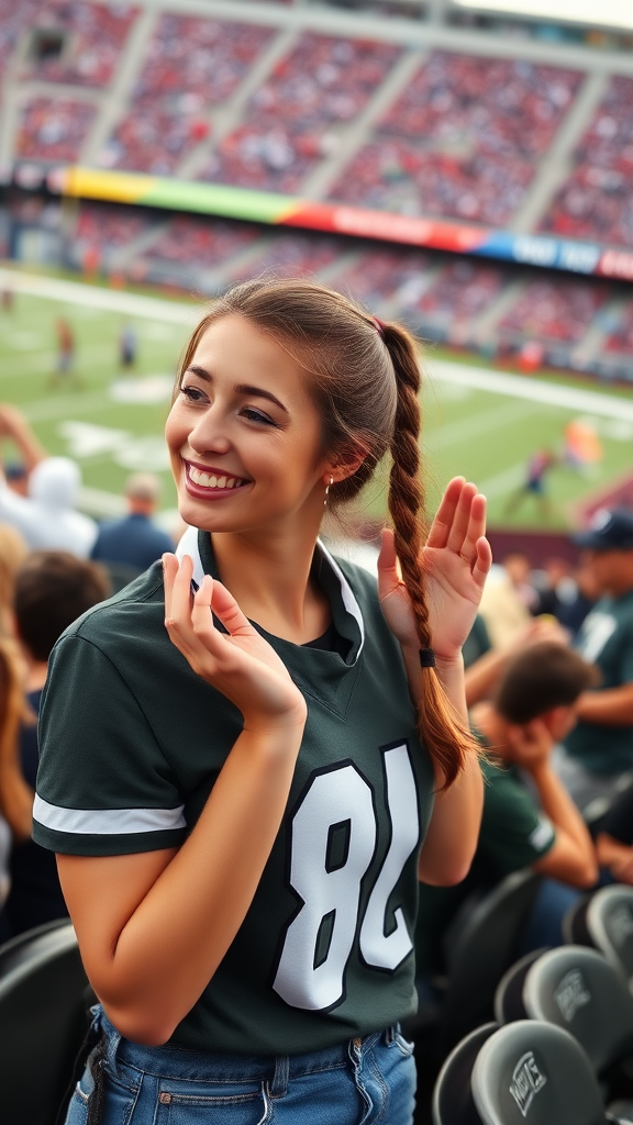 Attractive female NFL fan cheering, pigtail hair, bleacher row