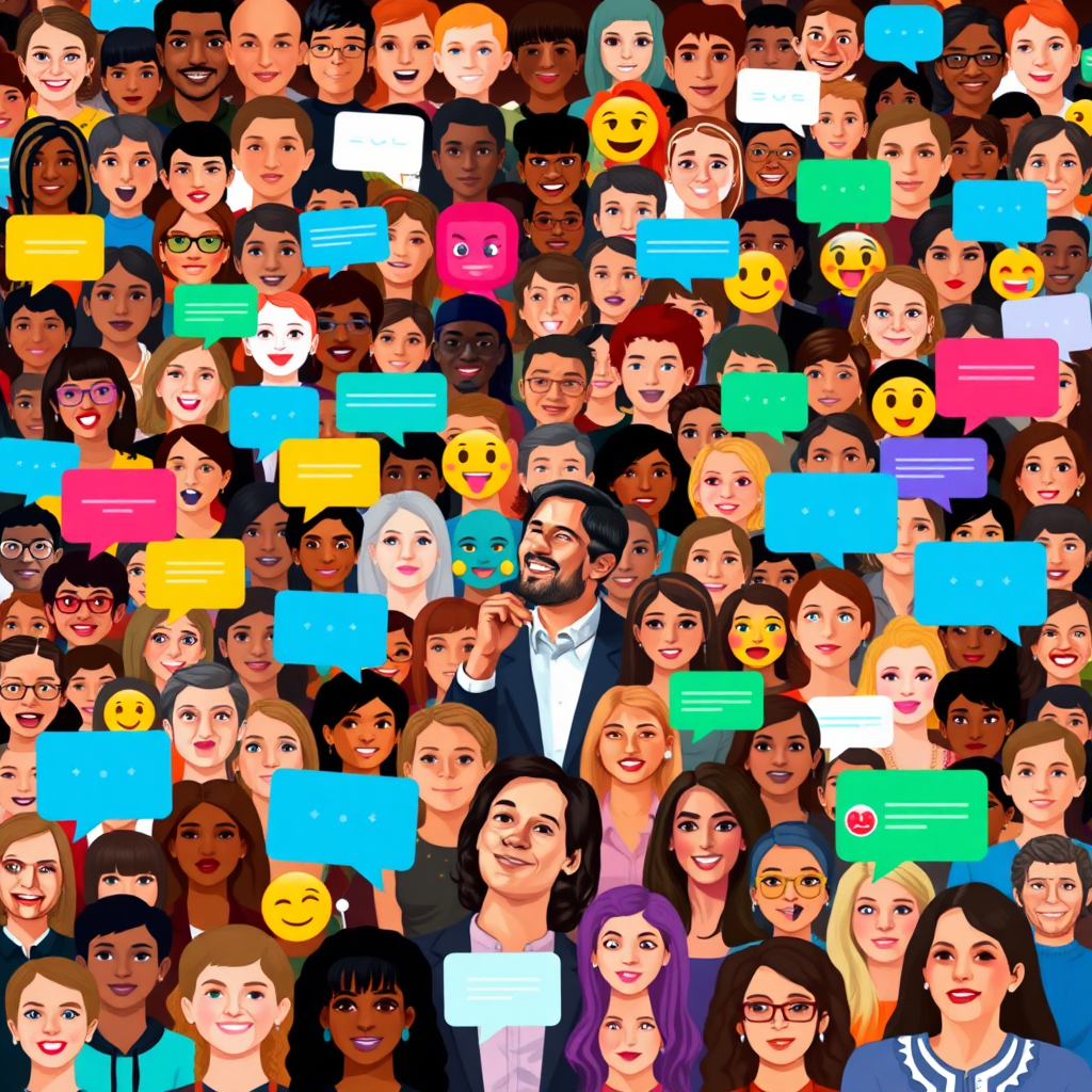 A vibrant mosaic composed of faces of people from different backgrounds and ages, representing both in-person attendees and virtual participants. The faces are arranged creatively to form the shape of an audience or blend into the background of an event scene. Scattered throughout the image are colorful speech bubbles, chat messages, and emojis of varying sizes, creating a sense of energy and active engagement. The host is visible, interacting with this dynamic crowd, highlighting the collective participation.