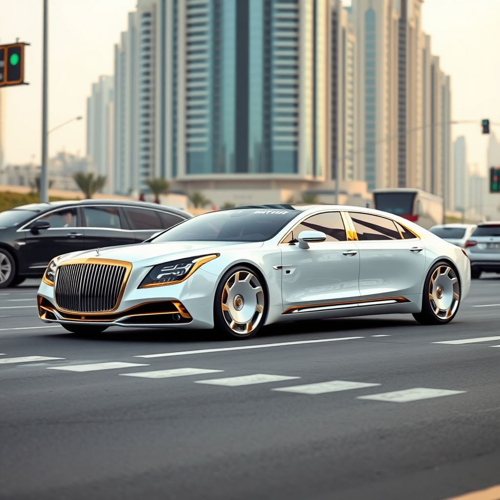 A photo of a futuristic Maybach designed sedan with 4 doors. The car is white with golden ornamentation. The car is parked on a street in Dubai with heavy traffic. The background contains skyscrapers.