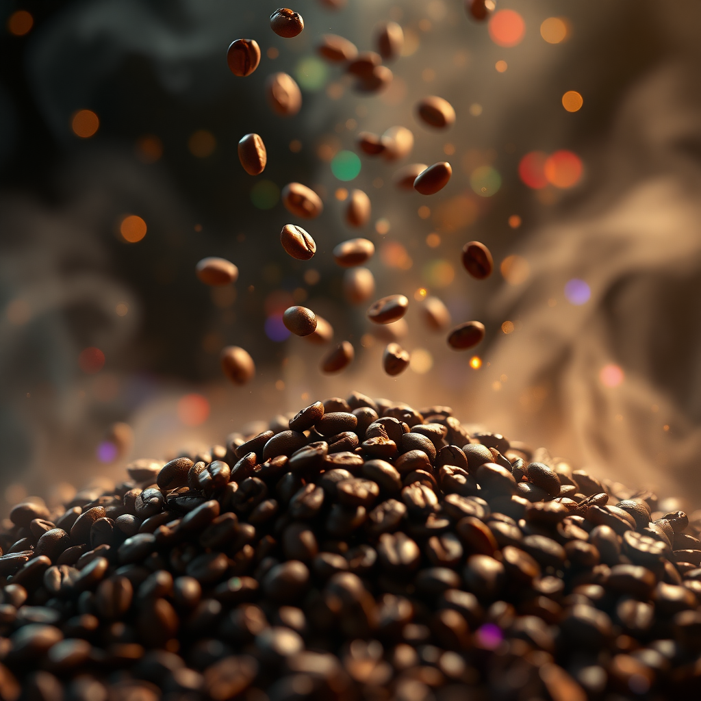 500px, hasselblad, cinematic, super quality, high resolution, crazy detail, complex, very sharp, brenizer method, beautifully illuminated coffee beans, enhancing the transcendent and serene atmosphere. The entire scene is bathed in soft and gentle light, and the mysterious appearance creates a dreamy and serene environment.

Coffee beans fall from above and pile up underneath, creating a photo with a brown roasted coffee flavor.

Featuring an abstract composition focusing on light and color refraction, creating colorful and prismatic effects and dynamic and multifaceted shapes, colorful lights, sparkling fog, abstract patterns, mysterious atmosphere, surreal nature, spiritual beauty, and dynamic contrasts.