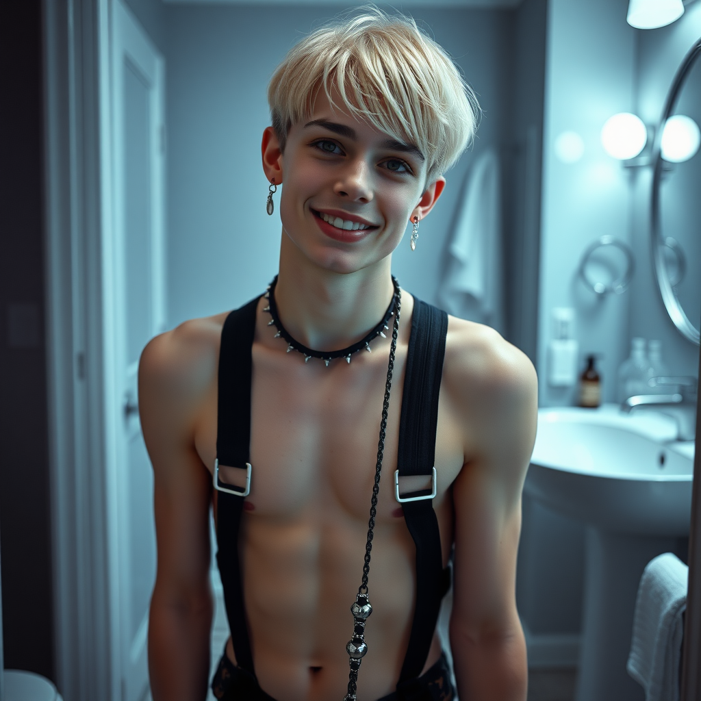 photorealistic, ultra high resolution, 16K, surreal fantasy, studio lighting, a pretty 16 year old goth boy, slim male physique, short blonde hair, goth makeup, earrings, pantyhose, harness, spikey dog collar and leash, trainer-bra, white ballet shoes, in the bathroom, excited smile, facing the camera.