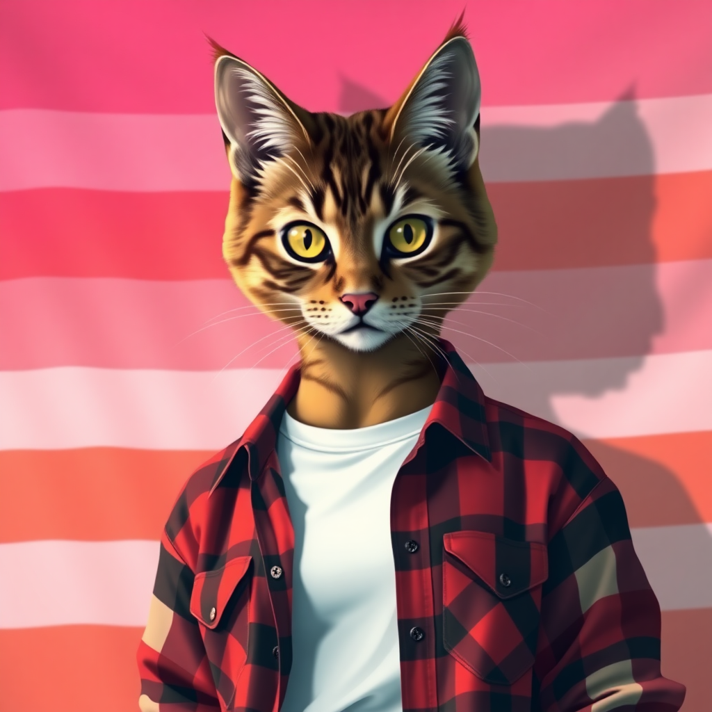 female cat-man in chestnut color with a flag behind featuring horizontal stripes in pink/light pink/white/light orange/orange, colors in that order, wearing an open red and black checkered shirt over a white t-shirt, in digital art