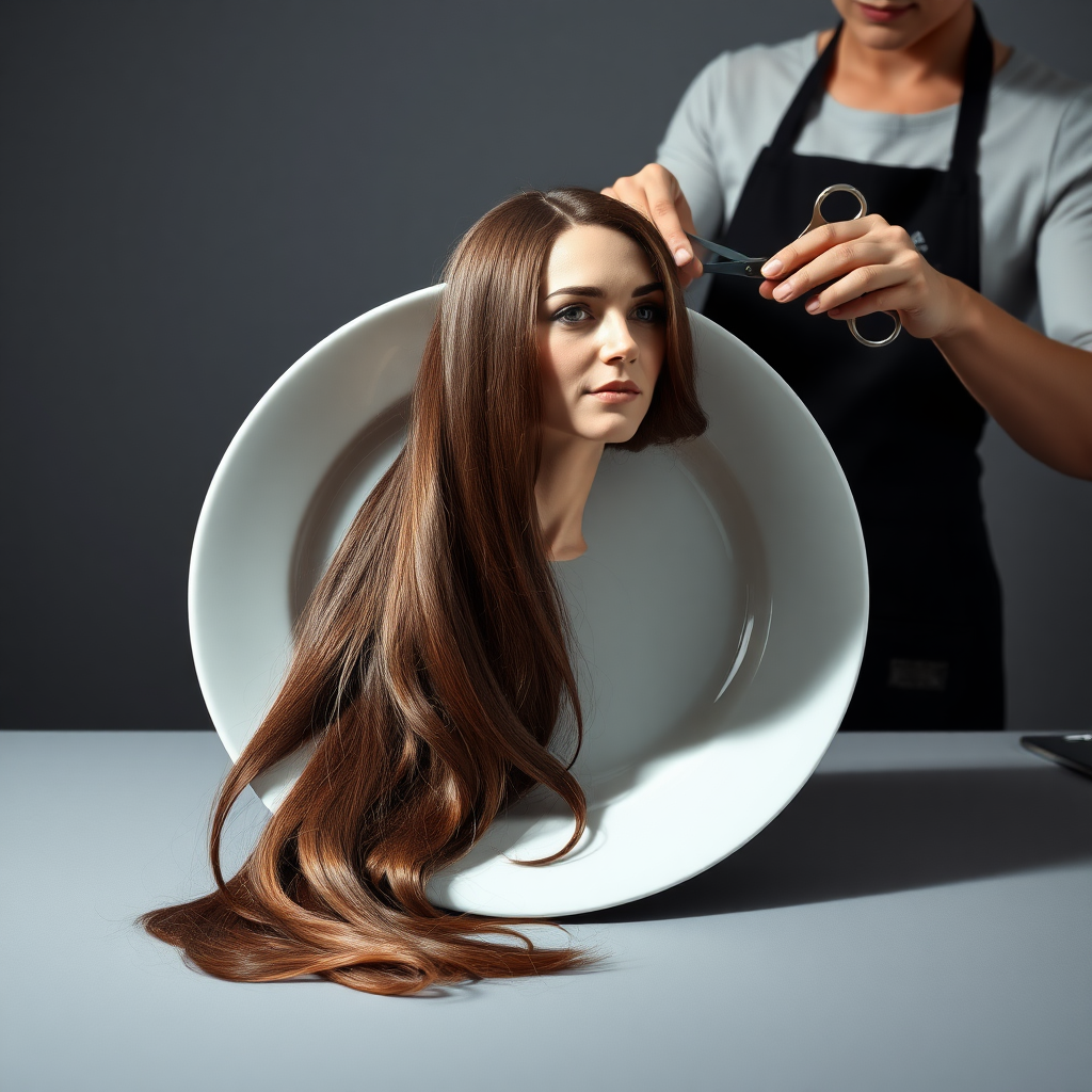 In a strikingly surreal scene, a beautifully crafted porcelain plate holds the disembodied head of a graceful Kate Middleton, her long, flowing hair cascading around like a luxurious waterfall of silky strands, shimmering in various shades of deep chestnut. Each hair seems to catch the light, creating an almost ethereal glow. Nearby, a meticulous hairdresser, dressed in a sleek black apron, carefully snips away at Kate's locks with precision scissors, their actions fluid and deliberate, emphasizing the delicate artistry of the moment.

The setting boasts minimalist decor, with a plain gray background that heightens the focus on this bizarre tableau. Soft shadows play across the smooth surface of the plate, enhancing the haunting beauty of Kate's serene expression, which conveys both elegance and an uncanny sense of stillness. The atmosphere is a blend of surreal calm and unsettling intrigue, pulling the viewer into a dreamlike space where reality and imagination intertwine. Gentle noises of scissors softly clipping away hair are the only sounds in this peculiar yet captivating scenario, heightening the tension and drawing viewers into this striking juxtaposition of beauty and the bizarre.