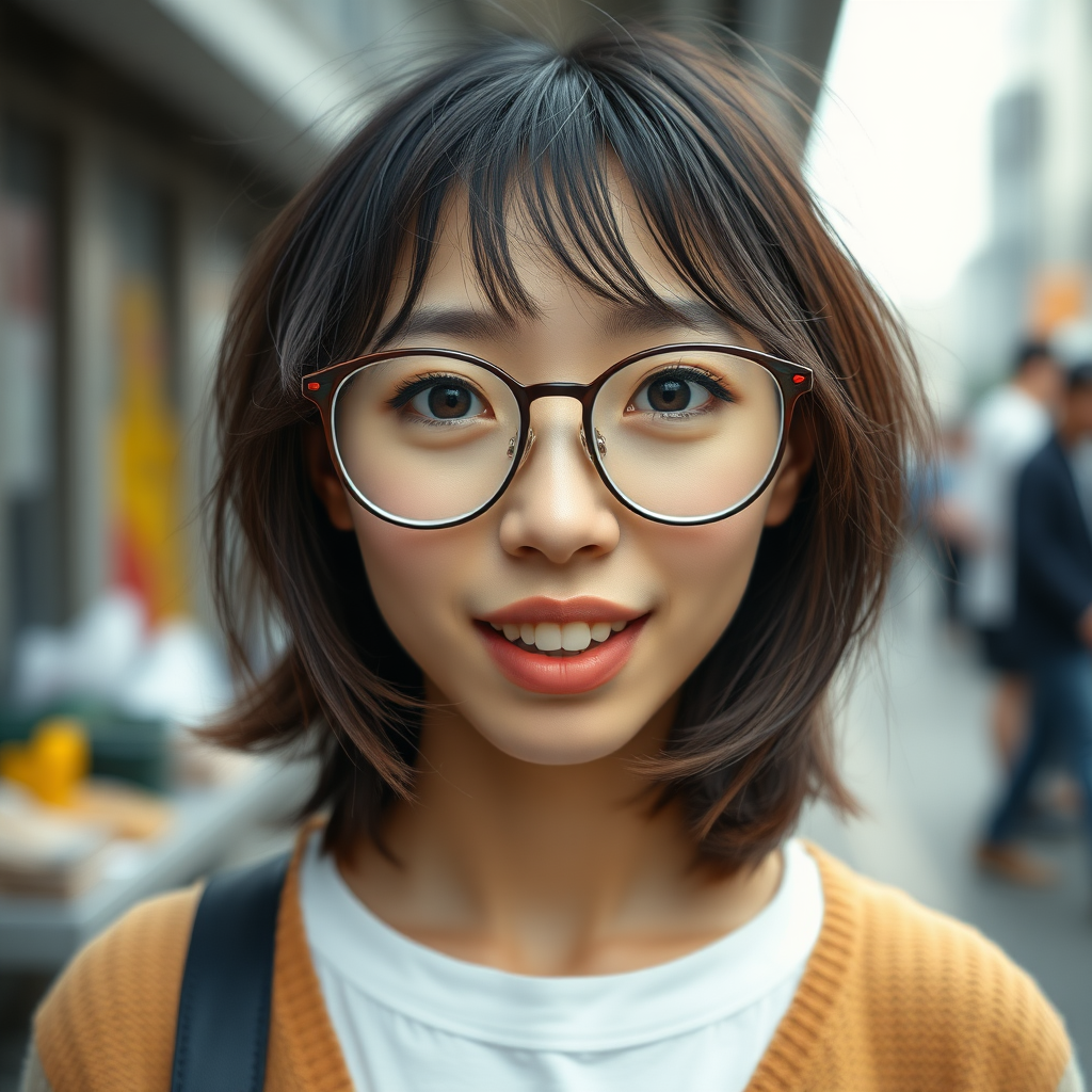 real photo, japanese nerdy skinny adult woman with big nose, big mouth, big yellowish teeth, moles, big eyeglasses and medium hair