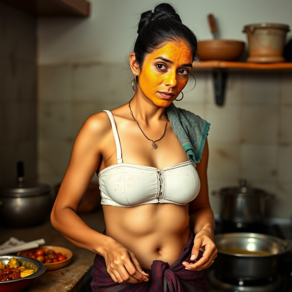 A skinny, 30 year old, traditional Indian wife with a hair bun, wearing a bra, skirt, and a short towel on her shoulder. She is preparing food in the kitchen. Her face is covered with a turmeric face mask.