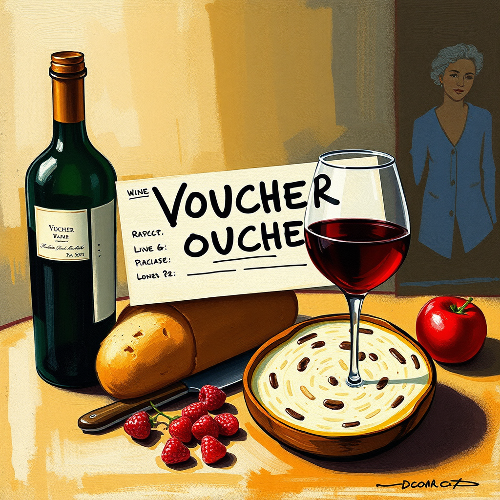 Create a voucher for wine and bread in the manner that Picasso would have done. Write 'VOUCHER' on the voucher.