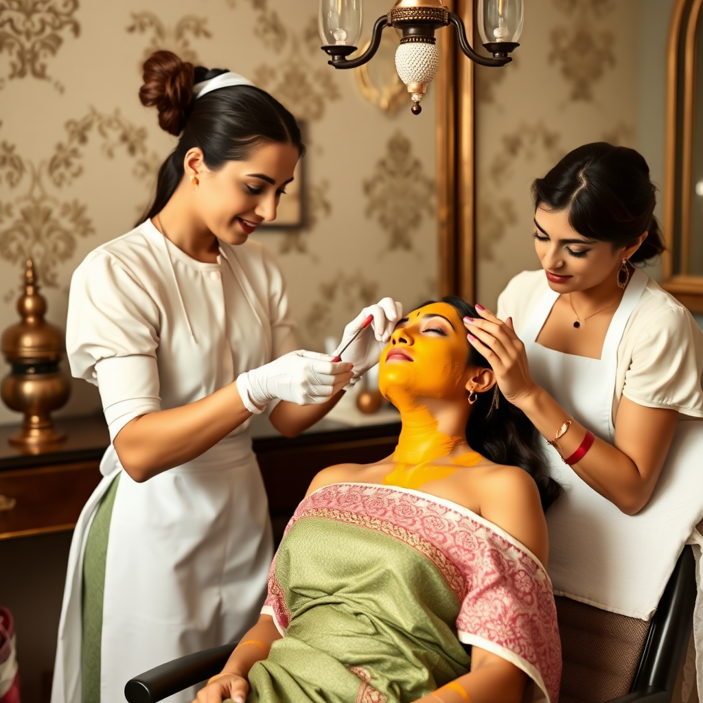 female french maids working in beauty parlour, giving turmeric facial to wealthy indian wife