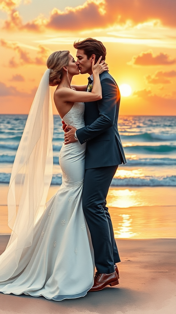 In watercolor painting, in the background, Nicole Kidman and Tom Cruise elegantly dressed, she heels and he patent leather shoes, he passionately kisses the bride, in the background the sea with a beautiful beach, sunset sky with the sun's rays with clouds. 16K ultra-high definition.