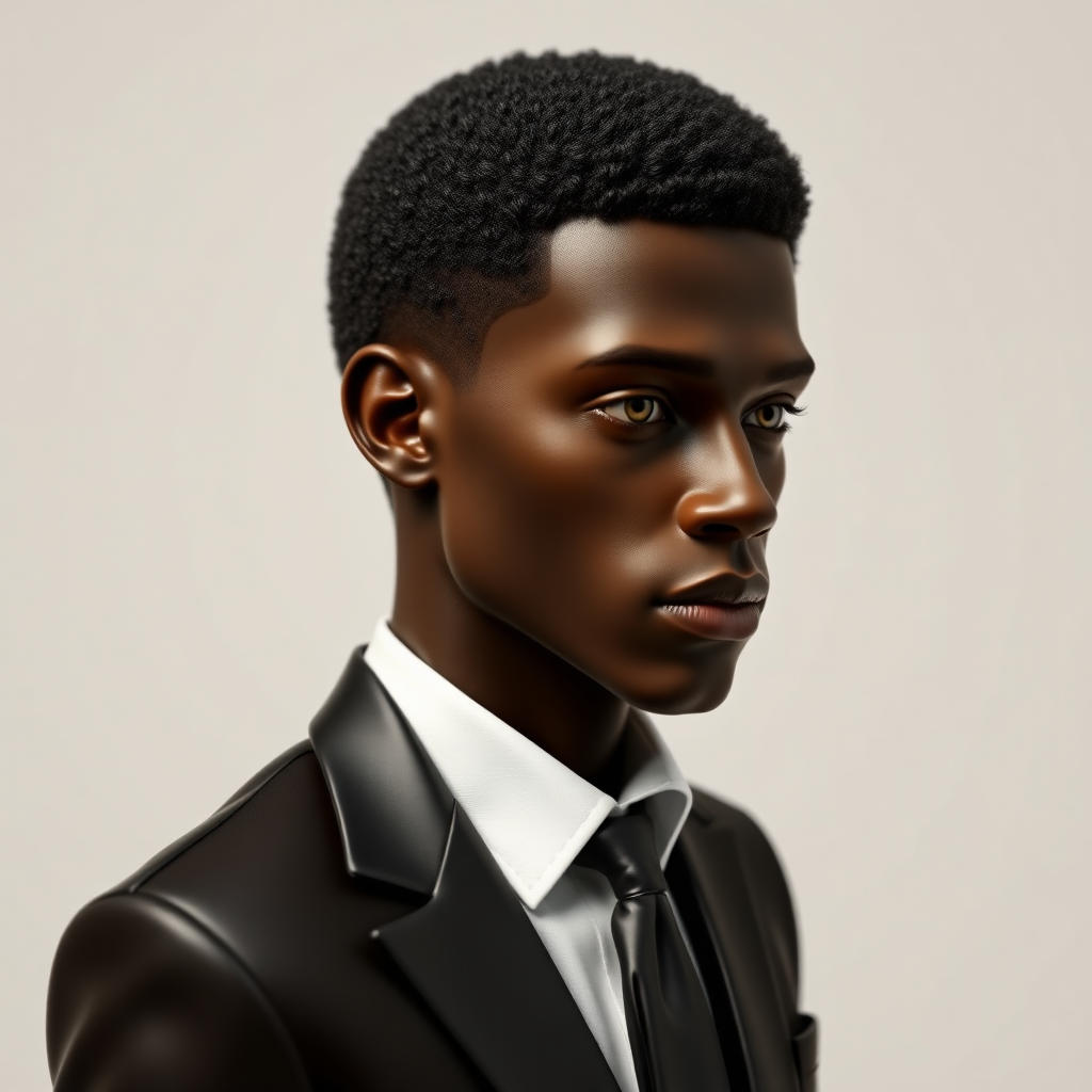 Model of a black man, light skin, in profile, dressed in an elegant suit, long trousers, patent leather shoes, very short curly hair, oval face, small nose, brown eyes, thin lips, normal attached ears, slight double chin, Mediterranean complexion, very thin brown eyebrows.