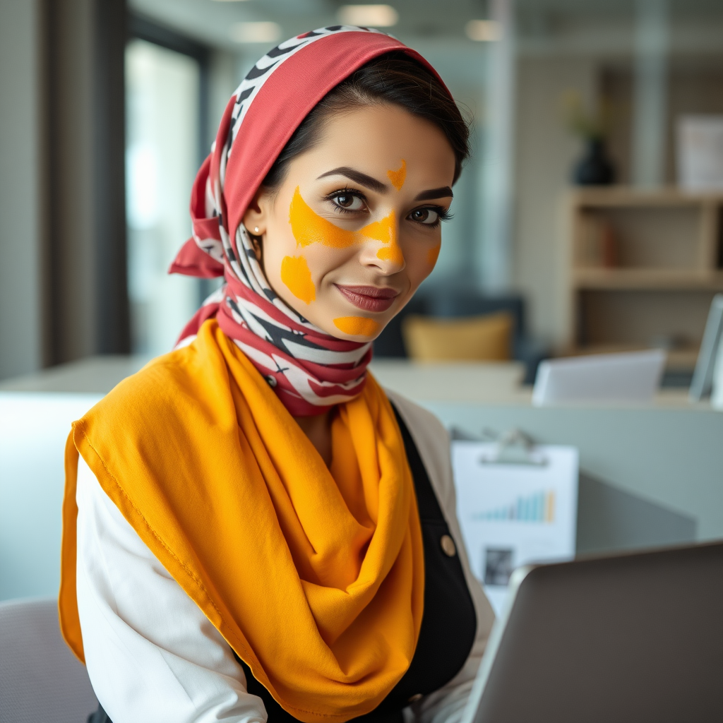 slim, modern, french maid, scarf head, turmeric paste on face, working in office