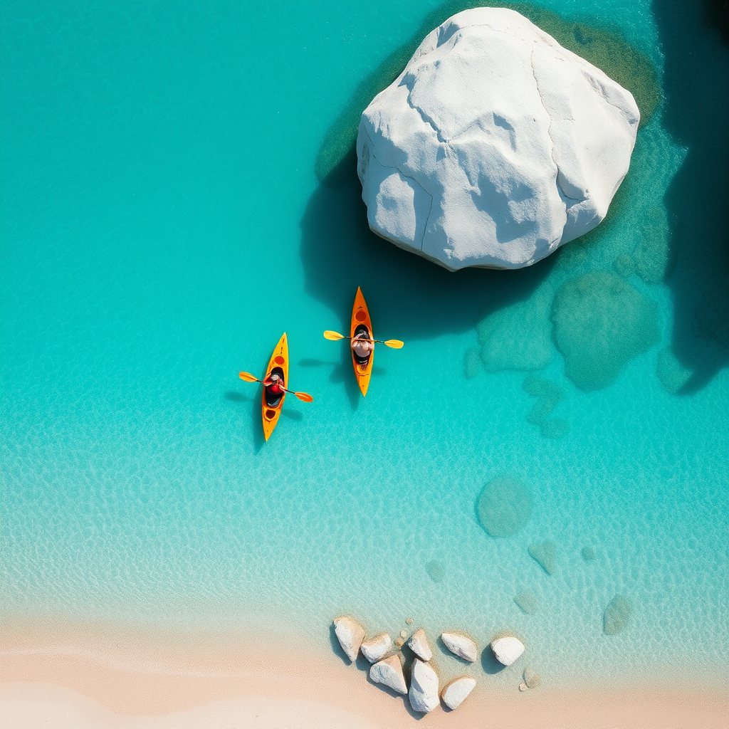 An aerial photo of two kayakers paddling through crystal-clear turquoise waters. The kayakers are in orange kayaks and are surrounded by large, smooth, white grey rocks. The water is shallow and the bottom is visible, revealing a sandy bottom with scattered rocks. The scene is tranquil and serene, showcasing the beauty of nature. Hyper-realistic, intricate, elaborate, drone photography, 8K, UHD, HDR.