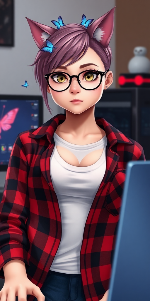 female lesbian cat-man with a big breast nudedesnnuenuth, size 90E, no makeup, serious with little blue butterflies on her head, a round face, with a mauve undercut hairstyle, hazel eyes, dimples on her cheeks, chubby cheeks, wearing semi-round glasses, a red and black plaid shirt open with a white t-shirt, in front of a desk with a gaming PC, in digital art