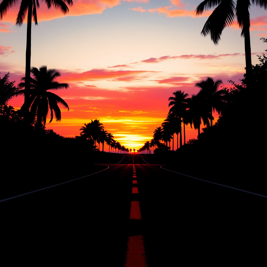 A serene sunset scene captured from a low angle on a winding road, bordered by tall palm trees. The road features a prominent yellow line that leads the viewer's eye into the distance. The sky is a breathtaking blend of warm oranges, deep purples, and soft pinks, reflecting a tranquil, golden hour ambiance. Soft silhouettes of lush vegetation on either side create a sense of depth, while the fading sunlight casts gentle shadows. The image evokes a peaceful feeling, reminiscent of an impressionist style, with an emphasis on color and atmosphere rather than precise detail. Vibrant yet calming colors create a striking contrast against the darker silhouettes, inviting tranquility and reflection. Viral animation nature wallpaper quality