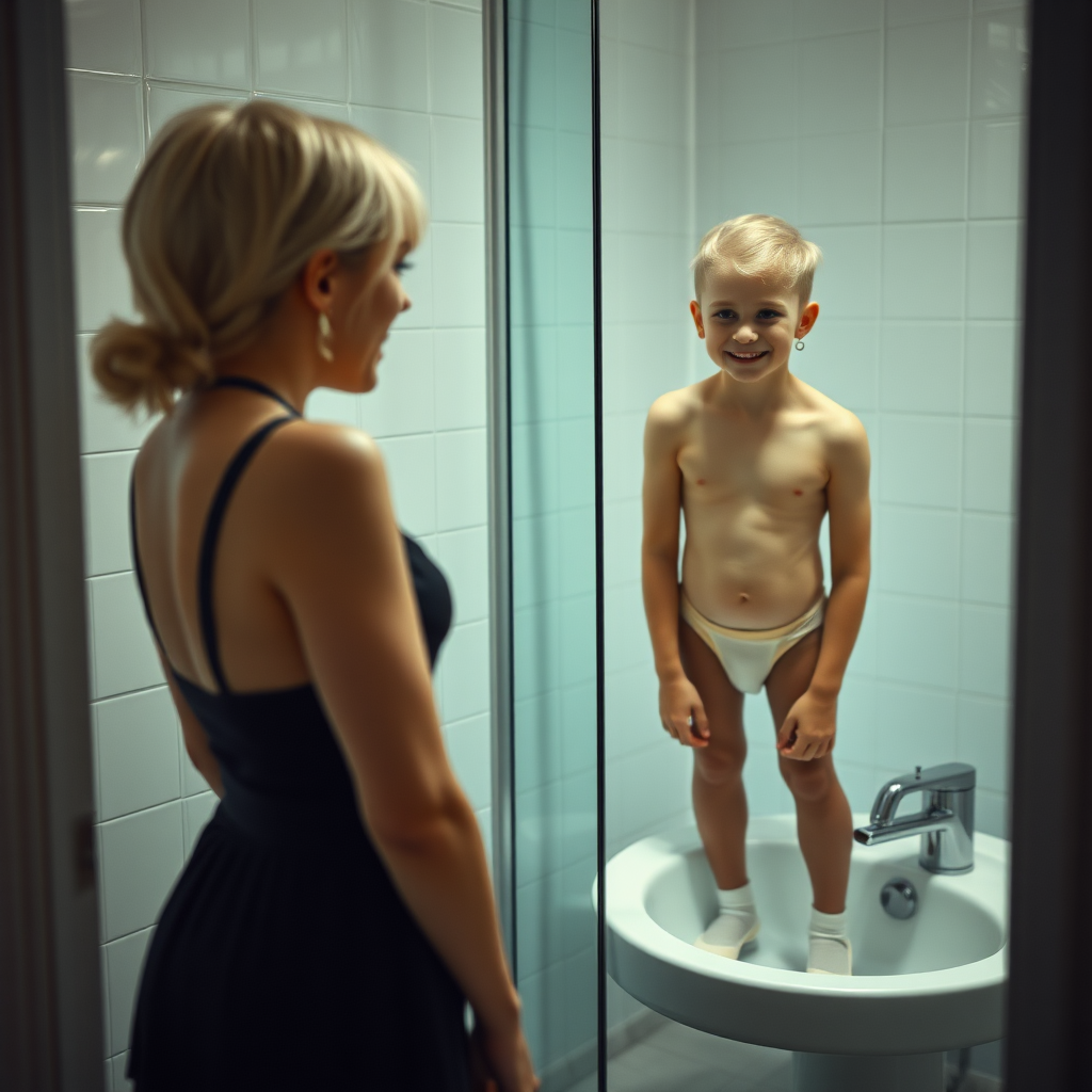 photorealistic, ultra high resolution, 16K, surreal fantasy, studio lighting, a 35 year old mother who is fully dressed for work is watching her pretty 14 year old goth son, slim male physique, short blonde hair, goth makeup, earrings, pantyhose, white ballet shoes, in the bathroom, excited smile, facing the camera.