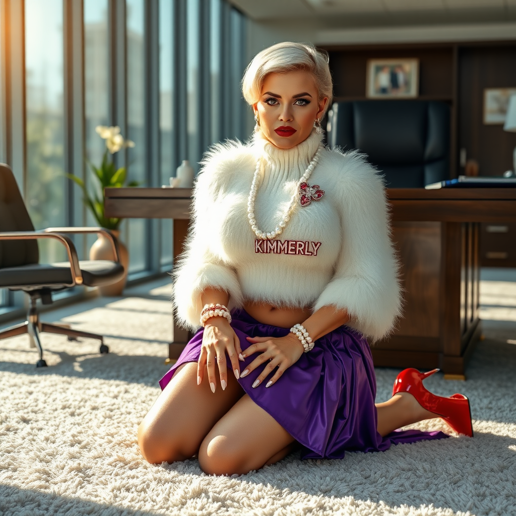 Sunny spring morning, modern glass-steel-concrete office, kneeling on fluffy carpet in front of CEO’s desk: Kimberly, 19 years old very convincing femboy “trophy-bimbo”, tamed servile docile, very beautiful feminine flawless face, rather short, by hormones very curvaceous womanly figured, platinum blond short tight curls, bold red lips, long white French nails, heavily made-up face, wearing Supertanya-style fluffy very fuzzy bright white angora turtleneck-poncho cropped ending under bust decorated with pearls and glass stones, purple vinyl pleated mini-skirt, bright red pumps with golden very high heels, white pearl belly piercing, large pearl earrings, striking diamond “KIMBERLY” letter brooch on left chest, thick heavy pearl wristlets, pearl anklets, pout frustrated, leaning forward hands on carpet presenting her assets, looking at camera. Focus on face and turtleneck-poncho.