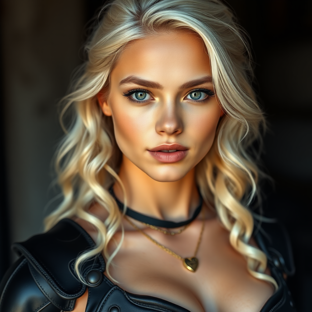 Portrait of a beautiful young woman with long wavy platinum blonde hair, green eyes, a suntan, large breasts, and light brown eyebrows. She is wearing black leather armor and a gold necklace with a small heart pendant.