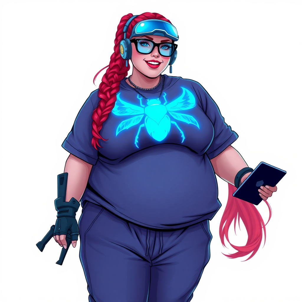 A cyberpunk vigilante’s full-figured intelligent and tech-savvy 29-year-old girlfriend, who is a computer hacker and tech genius. She has a long ruby red ponytail and bright blue eyes. She wears a sapphire beetle gemstone necklace, an armored, oversized, Maximum Blue (RGB 71, 171, 204) t-shirt featuring a giant neon blue glowing chest icon of a winged beetle, and matching Maximum Blue (RGB 71, 171, 204) sweatpants. She has a full-figured physique with a prominent, enormous, well-rounded midsection, reflecting her well-cared-for lifestyle. The midsection is heavily emphasized. She sports a sapphire headset with hi-tech Maximum Blue (RGB 71, 171, 204) lensed HUD visor, Maximum Blue (RGB 71, 171, 204) lipstick, black eyeglasses, and a beaming smile with a passionate bright red blush. Despite her figure and a lack of self-esteem, she radiates an air of beauty. She has an angular face which contributes to her radiant beauty. She serves as his tech expert from his hideout, holding a holographic tablet and a hi-tech tool wrench. The background is solid white. She is drawn as if she was in a retro 2D cyberpunk fighting game. Make sure her outfit covers her enormous midsection.