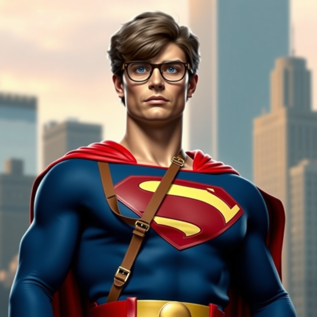 Create a full-length photorealistic image of a composite character featuring Velma Dinkley on a male body type similar to Superman's. Maintain Velma's head, including her hairstyle and facial features. Adapt her signature costume to fit the new body type. Design a background that draws inspiration from both Velma's investigative setting and Superman's iconic cityscape. Aim for seamless integration, capturing the essence of both characters in one dynamic image.