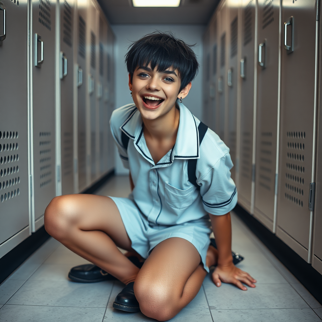 photorealistic, ultra high resolution, 16K, surreal fantasy, soft studio lighting, a pretty 17 year old goth male, slim male physique, short dark hair, blue eyes, goth makeup, earrings, sheer pantyhose, UK girls-school uniform, Mary-Jane shoes, kneeling on the floor of the locker room looking up at the camera, excited open mouth smile, drooling saliva, facing the camera.