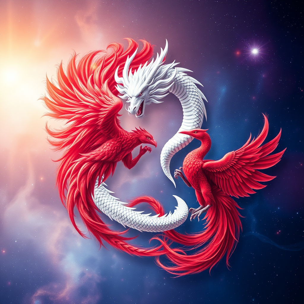 Ultra-realistic image: yin yang in the center, made of a white dragon and a red phoenix, double exposure with the background of iridescent nebula galaxy.