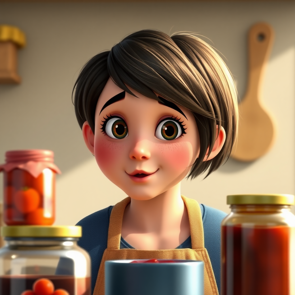 Create an image in Pixar style of a 35-year-old young woman who has Down syndrome and intellectual disability, which should be evident in the picture. She has a round face, small eyes, and a small nose, short hair, and her mouth is slightly open. She is making jams, and there are jars of jam next to her.