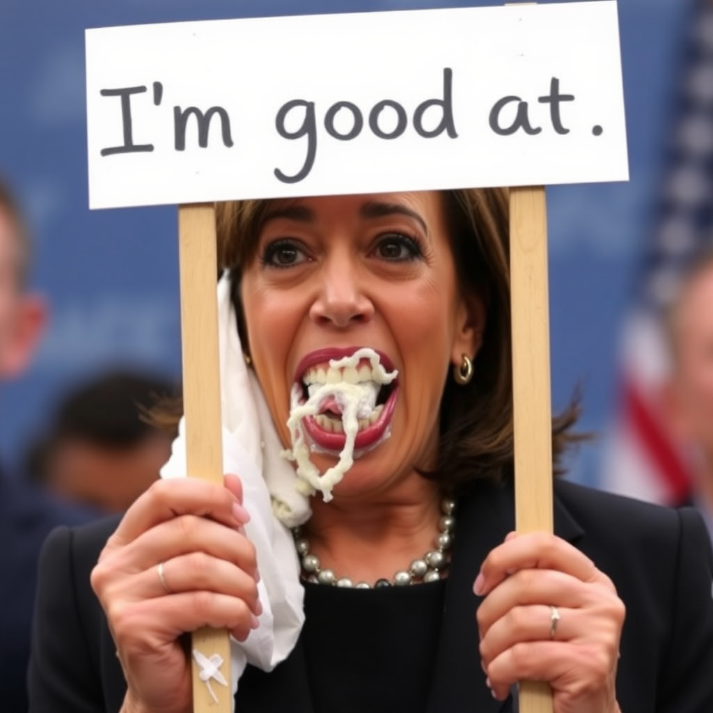 Kamala Harris, mouth full of white slime, holds a sign that says "I'm good at."