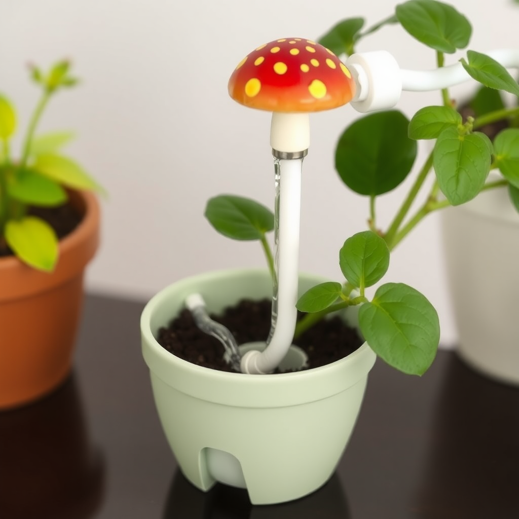 Here's the prompt you can use for your Flux image generator:

"A small mushroom-like structure inserted into a plant pot. The mushroom head has red with yellow spots. Water flows through a thin pipe from a hidden water tank below the pot, through the pot, and into the mushroom, evenly watering the plant's soil. The water tank holds 2-5 liters and the system is compact, minimalistic, and designed for small indoor plants. The overall design is clean and functional, with the mushroom dispersing water across the plant efficiently."

Feel free to adjust any details based on the capabilities of your generator!